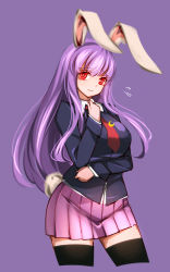 Rule 34 | 1girl, animal ears, arm under breasts, black thighhighs, blazer, breasts, closed mouth, commentary, contrapposto, cowboy shot, crescent, cropped legs, flying sweatdrops, highres, jacket, large breasts, long hair, looking at viewer, miniskirt, necktie, pleated skirt, purple background, purple hair, purple skirt, rabbit ears, rabbit girl, rabbit tail, raptor7, red eyes, red necktie, reisen udongein inaba, simple background, skirt, solo, standing, symbol-only commentary, tail, thighhighs, touhou, very long hair, zettai ryouiki