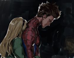 Rule 34 | 1boy, 1girl, animification, black hairband, blonde hair, brown hair, facial hair, gwen stacy, hairband, highres, hug, hug from behind, long hair, marvel, peter parker, spider-man, spider-man (series), the amazing spider-man, upper body, yourfreakyneighbourh
