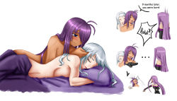 Rule 34 | &gt; &lt;, 3girls, ^ ^, aftersex, bed, blush, chouun shiryuu, closed eyes, crossover, dark-skinned female, dark skin, dildo, english text, fate/stay night, fate (series), female focus, if they mated, ikkitousen, indoors, kan&#039;u unchou, long hair, medusa (fate), medusa (rider) (fate), mother and daughter, multiple girls, nude, parody, purple hair, sex toy, silver hair, simple background, sleeping, smile, strap-on, throwing, white background, yuri