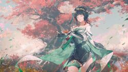 Rule 34 | 1girl, absurdres, autumn leaves, blunt bangs, breasts, chinese clothes, cleavage, closed eyes, dark green hair, detached sleeves, dress, floating, floating object, gloves, grass, green dress, green hair, hair ornament, hair stick, hairpin, hanying (punishing: gray raven), highres, jewelry, large breasts, leaf, light smile, maple leaf, mole, mole under eye, necklace, off-shoulder dress, off shoulder, on grass, outdoors, partially fingerless gloves, punishing: gray raven, solo, standing, thigh strap, thighs, tree, yanderenasa