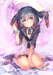 Rule 34 | 10s, 1girl, adapted costume, animal hood, bad id, bad pixiv id, barefoot, between legs, blonde hair, blue eyes, blush, bracelet, candy, candy cane, clothes writing, food, garter straps, gloves, grabbing another&#039;s ear, gradient clothes, hand between legs, hand on another&#039;s ear, hood, jewelry, kantai collection, navel, neckerchief, no shoes, out of frame, panties, rabbit hood, sailor collar, scrunchie, shigaraki (strobe blue), short hair, single sock, sitting, socks, solo focus, underwear, wariza, white gloves, wrist scrunchie, z1 leberecht maass (kancolle)