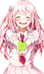 Rule 34 | 1girl, :d, ^ ^, blush, braid, closed eyes, clover, collared shirt, commentary request, four-leaf clover, french braid, hair ribbon, highres, holding, long hair, miniskirt, necktie, open mouth, original, pink hair, pink necktie, pink ribbon, pink skirt, ribbon, sakuragi ren, school uniform, shirt, short sleeves, sidelocks, simple background, skirt, smile, solo, teeth, upper body, v arms, white background, white shirt