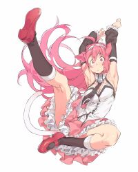 Rule 34 | 1girl, animal ears, armpits, arms up, black necktie, black socks, breasts, cleavage, closed mouth, detached sleeves, frills, full body, hairband, kneepits, large breasts, legs, long hair, looking at viewer, nanaichi, necktie, original, pink hair, red eyes, red footwear, shoes, simple background, socks, solo, tail, white background, white hairband