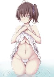 Rule 34 | 10s, 1girl, alternate costume, bare arms, bare shoulders, breasts, brown eyes, brown hair, cameltoe, chestnut mouth, clothes lift, collarbone, cowboy shot, dress, dress lift, gluteal fold, hair ribbon, halterneck, highleg, highleg panties, highres, jema, kaga (kancolle), kantai collection, large breasts, lifting own clothes, long hair, looking at viewer, matching hair/eyes, navel, panties, partially submerged, purple ribbon, ribbon, ripples, shirt lift, side ponytail, sketch, solo, stomach, thigh gap, underboob, underwear, wading, water, wet, white panties