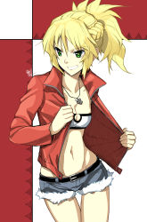 Rule 34 | 1girl, absurdres, belt, black belt, blonde hair, braid, breasts, cleavage, collarbone, commentary request, eudetenis, fate/apocrypha, fate (series), fur trim, green eyes, grin, hair between eyes, highres, jacket, jewelry, long hair, long sleeves, looking at viewer, mordred (fate), mordred (fate/apocrypha), mordred (memories at trifas) (fate), navel, necklace, ponytail, red background, red jacket, short shorts, shorts, smile, solo, two-tone background, white background