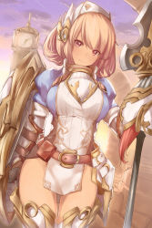 Rule 34 | 1girl, armor, armored dress, belt, blush, breasts, brown eyes, brown hair, clock, clock tower, curvy, female focus, headgear, highres, large breasts, light brown hair, looking at viewer, original, polearm, red eyes, short hair, smile, solo, spear, standing, thighs, tower, weapon, wide hips, yaman (yamanta lov)
