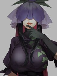Rule 34 | 1girl, black gloves, black hair, breasts, covered eyes, fuuga (perv rsity), gloves, hand on own chin, highres, huge breasts, lipstick, long hair, makeup, parted lips, puffy short sleeves, puffy sleeves, red lips, short sleeves, sidelocks, solo, touhou, turtleneck, upper body, very long hair, yomotsu hisami