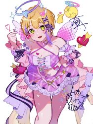 Rule 34 | 1girl, :d, b9-n3, blonde hair, breasts, choker, cleavage, crop top, detached sleeves, feet out of frame, finger heart, heart, highres, idolmaster, idolmaster cinderella girls, leaning forward, looking at viewer, medium breasts, midriff, miniskirt, miyamoto frederica, multicolored hair, navel, open mouth, pink choker, purple hair, purple skirt, short hair, skirt, smile, solo, streaked hair, wings