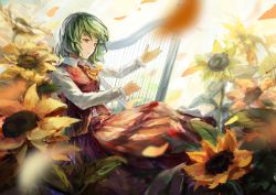 Rule 34 | 1girl, ascot, blurry, depth of field, dress shirt, expressionless, faux traditional media, flower, green hair, harp, instrument, kazami yuuka, long sleeves, md5 mismatch, playing instrument, red eyes, shirt, short hair, shuang ye, solo, sunflower, touhou, vest