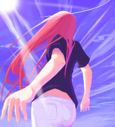 Rule 34 | 00s, 1girl, aozaki aoko, ass, day, denim, female focus, foreshortening, from behind, jeans, jpeg artifacts, lens flare, long hair, melty blood, outdoors, pants, red hair, senmu (senmudayo), shirt, sky, solo, tsukihime