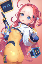 Rule 34 | 1girl, ahoge, ass, bad anatomy, blue archive, blue eyes, blush, bodysuit, bow, cowboy shot, cropped jacket, gun, hair bow, highres, holding, holding gun, holding weapon, jacket, latex, latex bodysuit, long hair, long sleeves, looking at viewer, open mouth, orange bodysuit, red hair, ribs, saebashi, solo, twisted torso, weapon, white bow, white jacket, yuzu (blue archive)