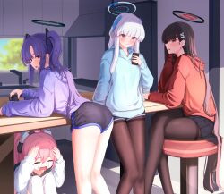 Rule 34 | 4girls, alternate costume, black hair, black pantyhose, blue archive, cellphone, closed eyes, closed mouth, crossed legs, crying, daran9, dolphin shorts, from behind, halo, highres, holding, holding phone, hood, hoodie, koyuki (blue archive), long hair, long sleeves, looking at viewer, looking back, multiple girls, noa (blue archive), open mouth, outdoors, pantyhose, phone, pink hair, purple hair, rio (blue archive), seminar (blue archive), shorts, sidelocks, sitting, smartphone, standing, streaming tears, tears, thighband pantyhose, thighhighs, triangle hair ornament, twintails, two side up, white hair, white thighhighs, yuuka (blue archive)