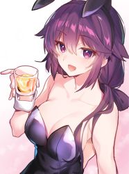 Rule 34 | 1girl, alcohol, alternate costume, animal ears, bare shoulders, breasts, cleavage, collarbone, cup, drinking glass, fake animal ears, highres, holding, holding cup, ice, ice cube, leotard, liquor, long hair, looking at viewer, machikado mazoku, mature female, narumiya (empty cafe), open mouth, playboy bunny, purple eyes, purple hair, rabbit ears, simple background, smile, solo, upper body, wrist cuffs, yoshida ryouko