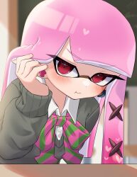 Rule 34 | 1girl, amakusa setoka, blurry, blurry background, blush, bow, bowtie, commentary request, eyelashes, green bow, green bowtie, heart, highres, indoors, inkling, inkling girl, inkling player character, long hair, looking at viewer, nintendo, pink bow, pink bowtie, pink hair, pointy ears, pout, red eyes, solo, splatoon (series), tentacle hair, two-tone bowtie, v-shaped eyebrows