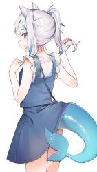 Rule 34 | 1girl, animal ears, bad id, bad pixiv id, bag, bare arms, blue dress, blue eyes, blue hair, cat ears, closed mouth, commentary request, dress, fins, fish tail, gawr gura, gawr gura (casual), grey hair, hands up, highres, hololive, hololive english, hufy, long hair, looking at viewer, looking back, multicolored hair, ponytail, profile, shark tail, shirt, shoulder bag, simple background, sleeveless, sleeveless dress, sleeveless shirt, smile, solo, streaked hair, tail, virtual youtuber, white background, white shirt