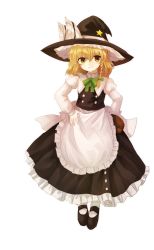 Rule 34 | 1girl, apron, black footwear, black hat, black skirt, black vest, blonde hair, bow, bowtie, braid, frilled apron, frilled hat, frills, full body, green bow, green bowtie, hair bow, hair ribbon, hands on own hips, hat, hat bow, highres, juliet sleeves, kirisame marisa, long sleeves, looking at viewer, mary janes, puffy sleeves, ribbon, shoes, shoudoku taishi (taishi), side braid, single braid, skirt, smile, solo, star (symbol), touhou, tress ribbon, vest, waist apron, white apron, white background, white bow, witch hat, yellow eyes, yousei daisensou