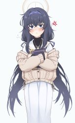 Rule 34 | 1girl, anger vein, black hair, blue archive, blue eyes, book, chagama teishoku, commentary, english commentary, flying sweatdrops, hairband, halo, highres, jacket, long hair, looking at viewer, off shoulder, school uniform, serafuku, sleeves past wrists, solo, sweater jacket, ui (blue archive)