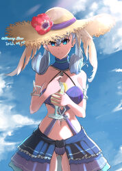 Rule 34 | 1girl, bikini, bikini skirt, blue eyes, cup, curly hair, dated, dress swimsuit, drinking glass, drinking straw, food, fruit, gluteal fold, grey hair, hat, head wings, highres, holding, holding cup, lemon, lemon slice, looking at viewer, melia antiqua, melia antiqua (resort style), mercury xeno, multi-strapped bikini, navel, official alternate costume, outdoors, ribbed swimsuit, signature, smile, solo, sun hat, swimsuit, wings, xenoblade chronicles: future connected, xenoblade chronicles (series), xenoblade chronicles 1