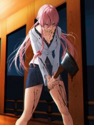 Rule 34 | 1girl, aconitea, axe, bad id, bad pixiv id, bags under eyes, blood, blood on face, blood on hands, breasts, chromatic aberration, cleavage, gasai yuno, highres, long hair, medium breasts, mirai nikki, pink eyes, pink hair, skirt, solo, twintails, weapon, yandere