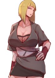 Rule 34 | 1girl, aosora2823, blonde hair, blue eyes, breasts, cleavage, collarbone, hand on own hip, highres, large breasts, looking at viewer, naruto, naruto (series), samui (naruto), short hair, simple background, solo, standing