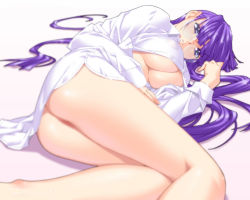 Rule 34 | 1girl, ass, bent over, breasts, cleavage, dress shirt, glasses, ino (magloid), large breasts, long hair, open clothes, open shirt, purple eyes, purple hair, shirt, solo, underboob