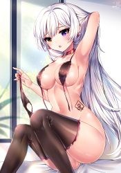 Rule 34 | 1girl, :p, arm up, armpits, blush, bottomless, bra, breasts, brown bra, brown eyes, brown panties, brown thighhighs, choker, collarbone, covered erect nipples, day, earrings, frown, glint, grey hair, hair between eyes, heart, heart earrings, heterochromia, highres, holding, holding clothes, holding panties, holding underwear, indoors, jewelry, large breasts, light particles, long hair, looking at viewer, mole, nail polish, on bed, open bra, open mouth, original, panties, unworn panties, purple eyes, red nails, shiny skin, sidelocks, signature, sitting, solo, stomach, tattoo, thighhighs, tongue, tongue out, underwear, window, xes (xes 5377)