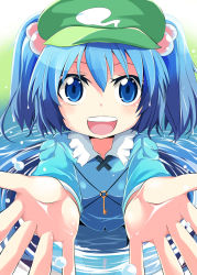 Rule 34 | 1girl, :d, blue eyes, blue hair, female focus, hair bobbles, hair ornament, hat, kawashiro nitori, key, matching hair/eyes, maturiuta sorato, open mouth, outstretched arms, outstretched hand, reaching, reaching towards viewer, short hair, smile, solo, touhou, twintails, two side up, wading, water, wet