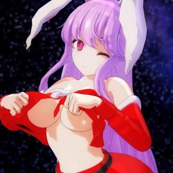 Rule 34 | 1girl, 3d, animal ears, animated, breasts, clothes lift, jiggle, large breasts, lifting own clothes, light purple hair, looking at viewer, mofumoko5, no bra, purple eyes, rabbit ears, reisen udongein inaba, smile, solo, teasing, thighs, touhou, underboob, video