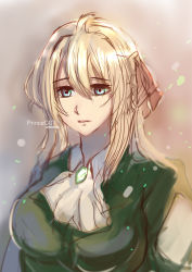 Rule 34 | 10s, 1girl, absurdres, bad id, bad pixiv id, blonde hair, blue eyes, blue jacket, breasts, closed mouth, hair ribbon, highres, jacket, jewelry, large breasts, necklace, princeg07, ribbon, simple background, solo, violet evergarden, violet evergarden (series)