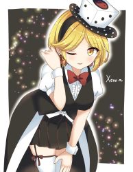 Rule 34 | black skirt, black vest, blonde hair, blush, bow, bowtie, breasts, character name, dice hair ornament, earrings, eyelashes, hair ornament, hand on leg, highres, jewelry, leaning forward, len&#039;en, looking at viewer, medium breasts, one eye closed, ougi hina, pleated skirt, puffy short sleeves, puffy sleeves, red bow, red bowtie, red ribbon, ribbon, shirt, short hair, short sleeves, skirt, standing, thighhighs, vest, white shirt, white thighhighs, wrist cuffs, xeno a, yellow eyes, zettai ryouiki