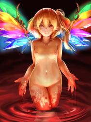Rule 34 | 1girl, axe r18, black background, blonde hair, blood, blood on hands, breasts, collarbone, crystal, flandre scarlet, glowing, hair between eyes, hair ribbon, highres, long hair, looking at viewer, navel, nipples, nude, parted lips, pointy ears, red eyes, red ribbon, ribbon, side ponytail, slit pupils, small breasts, solo, standing, touhou, wading, wings