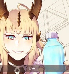 Rule 34 | 1girl, ahoge, aqua eyes, arknights, artist name, blonde hair, blunt bangs, bottle, bright pupils, brown shirt, caption, close-up, collared shirt, commentary, dragon girl, dragon horns, english commentary, english text, film grain, fingernails, flower, from below, grin, hair ornament, hand up, hatching (texture), high collar, highres, holding, holding bottle, horns, indoors, light blush, linear hatching, lips, long hair, looking at viewer, looking down, meme, official alternate costume, parted lips, portrait, reed (arknights), reed the flame shadow (arknights), sepia background, shadow, shirt, sidelocks, sihzari, smile, snapchat kill guy (meme), solo, teeth, turtleneck, turtleneck shirt, twitter username, water, water bottle, white flower, white pupils, window