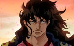 Rule 34 | 1boy, artist name, black hair, closed mouth, commentary request, dieguinsenpai, highres, japanese clothes, kimono, kouzuki momonosuke, long hair, looking at viewer, male focus, one piece, solo, spanish commentary, v-shaped eyebrows, wavy hair