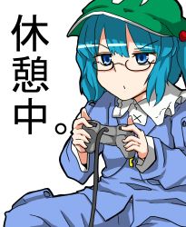 Rule 34 | 1girl, absurdres, bad id, bad pixiv id, bespectacled, blue eyes, blue hair, controller, female focus, game controller, gamepad, glasses, hair bobbles, hair ornament, hat, highres, kawashiro nitori, key, matching hair/eyes, nicu (nicutoka), nicutoka, playing games, short hair, simple background, solo, touhou, twintails, two side up