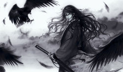 Rule 34 | 1boy, bird, black hair, black theme, cloud, cowboy shot, crow, dark, feathers, from side, hair between eyes, hair in own mouth, holding, holding sword, holding weapon, japanese clothes, katana, kimono, long hair, looking at viewer, male focus, messy hair, monochrome, motion blur, original, samurai, sheath, sheathed, sky, solo, sun dou, sword, weapon