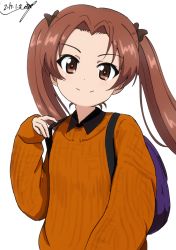 Rule 34 | 10s, 1girl, artist name, backpack, bag, black bow, black shirt, bow, brown eyes, brown hair, bukkuri, casual, closed mouth, collared shirt, commentary, dated, girls und panzer, hair bow, head tilt, kadotani anzu, long hair, long sleeves, looking at viewer, orange sweater, parted bangs, shirt, signature, simple background, smile, solo, standing, sweater, twintails, upper body, white background