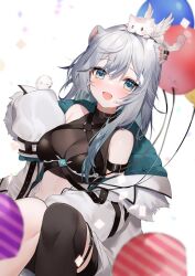 Rule 34 | 1girl, 40 (0f0urw), :d, ahoge, animal ear piercing, animal ears, aone ioru, aqua eyes, aqua jacket, arm belt, balloon, bare shoulders, belt, belt buckle, black belt, black thighhighs, blurry, blurry foreground, blush, breasts, buckle, cleavage, commentary request, commission, cowboy shot, depth of field, eyes visible through hair, fur-trimmed jacket, fur trim, grey hair, hair between eyes, hamster ears, hamster girl, hand up, indie virtual youtuber, jacket, long hair, looking at viewer, medium breasts, messy hair, o-ring, off shoulder, open mouth, second-party source, single thighhigh, sitting, skeb commission, sleeves past fingers, sleeves past wrists, smile, solo, thigh belt, thigh strap, thighhighs, two-sided fabric, two-sided jacket, virtual youtuber, white background, white jacket