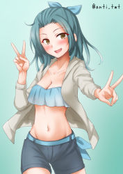 Rule 34 | 1girl, alternate costume, anti (untea9), blue hair, breasts, brown eyes, cleavage, double v, gradient background, highres, kantai collection, looking at viewer, medium breasts, navel, one-hour drawing challenge, open mouth, short hair, shorts, smile, solo, suzunami (kancolle), twitter username, v