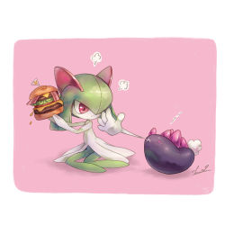 Rule 34 | :&lt;, puff of air, bacon, border, burger, cheese, closed mouth, commentary request, creatures (company), eye contact, food, game freak, gen 3 pokemon, gen 7 pokemon, hands up, highres, holding, holding food, kirlia, lettuce, looking at another, nintendo, outstretched hand, pokemon, pokemon (creature), purple eyes, pyukumuku, signature, sitting, suama-yuki, tomato, white border