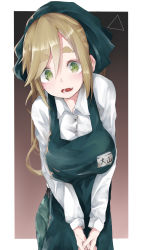 Rule 34 | 1girl, apron, blonde hair, breasts, fang, gradient background, green eyes, head scarf, highres, inuyama aoi, large breasts, long hair, maegami (daisuki oekaki1), name tag, own hands together, simple background, skin fang, solo, store clerk, thick eyebrows, uniform, yurucamp