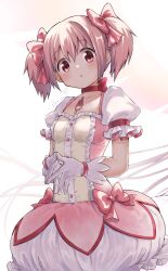 Rule 34 | 1girl, artist name, asukaru (magika ru), blush, bow, breasts, choker, commentary, cowboy shot, dress, dress bow, gloves, hair between eyes, hair bow, highres, kaname madoka, magical girl, mahou shoujo madoka magica, own hands together, parted lips, pink bow, pink dress, pink eyes, pink hair, puffy dress, puffy short sleeves, puffy sleeves, red choker, ribbon, ribbon choker, short hair, short sleeves, short twintails, signature, small breasts, solo, soul gem, spread fingers, standing, steepled fingers, twintails, white background, white dress, white gloves