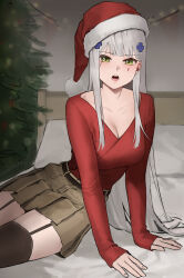 Rule 34 | 1girl, absurdres, all fours, arm support, bed, belt, breasts, christmas, christmas lights, christmas tree, cleavage, collarbone, girls&#039; frontline, green eyes, hair ornament, hat, highres, hk416 (girls&#039; frontline), kir (khw66136132), large breasts, long hair, long sleeves, looking at viewer, open mouth, red shirt, santa hat, shirt, sitting, skirt, solo, tattoo, thighhighs, white hair