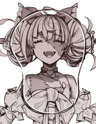 Rule 34 | 1girl, ^ ^, ahoge, bow, closed eyes, double bun, flat chest, greyscale, hair bow, hair bun, highres, hololive, hololive indonesia, kureiji ollie, looking at viewer, monochrome, mousepad (medium), open mouth, solo, stitched face, stitched torso, stitches, tenbin gashira, virtual youtuber