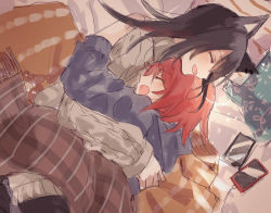 Rule 34 | 2girls, absurdres, animal ears, aran sweater, arknights, bad id, bad pixiv id, black hair, blanket, blush, cable knit, cellphone, charging device, closed eyes, commentary, cushion, ear piercing, exusiai (arknights), from above, grey sweater, highres, hug, huge filesize, light blush, long hair, long sleeves, matsuzaka (matsuzakagyu 29), multiple girls, open mouth, phone, piercing, red hair, short hair, smartphone, smile, sweater, texas (arknights), wolf ears, yuri