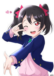 Rule 34 | 1girl, akiueake, artist name, artist request, black hair, black thighhighs, blazer, blue jacket, blush, bow, bowtie, buttons, cardigan, female focus, hair bow, heart, highres, jacket, long sleeves, looking at viewer, love live!, love live! school idol project, nico nico nii, one eye closed, pleated skirt, red bow, red eyes, school uniform, shirt, shoes, short hair, short twintails, skirt, smile, solo, thighhighs, twintails, white background, white shirt, yazawa nico, zettai ryouiki