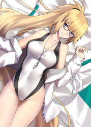 Rule 34 | 1girl, bespectacled, blonde hair, blue eyes, breasts, cleavage, commentary request, competition swimsuit, covered navel, dutch angle, fate/grand order, fate (series), female focus, from above, glasses, hair between eyes, hairband, high ponytail, highres, jacket, jeanne d&#039;arc (fate), jeanne d&#039;arc (ruler) (fate), jeanne d&#039;arc (swimsuit archer) (fate), jeanne d&#039;arc (swimsuit archer) (second ascension) (fate), large breasts, long hair, looking at viewer, lying, on back, one-piece swimsuit, open clothes, open jacket, ponytail, shigure s, slit pupils, smile, solo, swimsuit, thigh gap, thighs, very long hair, whistle, white jacket