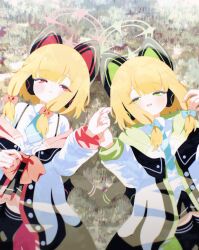 2girls :3 :d absurdres animal_ear_headphones animal_ears aqua_necktie black_shirt black_thighhighs blonde_hair blue_archive blush bow cat_ear_headphones dot_nose fake_animal_ears from_above green_bow green_halo hair_bow half-closed_eyes halo hands_up headphones highres hood hooded_jacket jacket long_hair long_sleeves looking_at_viewer low_twintails lumi_snowfall lying midori_(blue_archive) momoi_(blue_archive) multiple_girls necktie on_back on_ground open_clothes open_jacket open_mouth outdoors red_bow red_halo shirt smile thighhighs twintails white_jacket white_shirt zettai_ryouiki