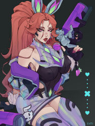 Rule 34 | 1girl, animal ears, animal print, arm support, bare shoulders, battle bunny miss fortune, black gloves, breasts, brown hair, covered erect nipples, emmanuel viola, fake animal ears, fingerless gloves, gloves, gun, hand up, heart, holding, holding gun, holding weapon, large breasts, league of legends, leotard, long hair, miss fortune (league of legends), off shoulder, pink eyes, playboy bunny, ponytail, rabbit print, red lips, shiny clothes, smile, solo, thighhighs, weapon