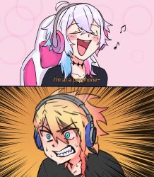 Rule 34 | 2boys, absurdres, ahoge, axel syrios, black shirt, blonde hair, blue eyes, blue hair, blush, chair, clenched teeth, closed eyes, commentary, diamond choker, english commentary, english text, gaming chair, gavis bettel, glowing, glowing eyes, grey hair, hair between eyes, headphones, highres, holostars, holostars english, male focus, meme, motion lines, multicolored hair, multiple boys, musical note, open mouth, pewpawpo, pink hair, red hair, shirt, short hair, subtitled, sweat, swivel chair, teeth, two-tone hair, virtual youtuber, wide-eyed, zoom layer