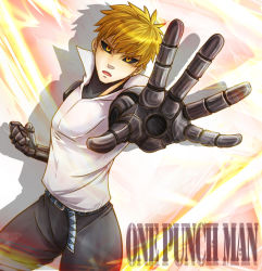 Rule 34 | 1boy, black sclera, blonde hair, clenched hand, colored sclera, copyright name, cyborg, genos, kyoutego, male focus, mechanical arms, one-punch man, outstretched hand, polo shirt, short hair, solo, yellow eyes